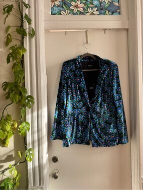 Mixed Floral Velvet Blazer and Pants - Blue Multi